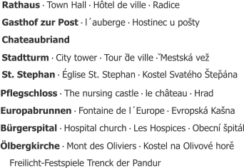 Gasthof zur Postㆍl´aubergeㆍHostinec u pošty Chateaubriand StadtturmㆍCity towerㆍTour de villeㆍMestská vež St. StephanㆍÉglise St. StephanㆍKostel Svatého Štepána PflegschlossㆍThe nursing castleㆍle châteauㆍHrad EuropabrunnenㆍFontaine de l´EuropeㆍEvropská Kašna BürgerspitalㆍHospital churchㆍLes HospicesㆍObecní špitál Freilicht-Festspiele Trenck der Pandur RathausㆍTown HallㆍHôtel de villeㆍRadice ÖlbergkircheㆍMont des OliviersㆍKostel na Olivové hore